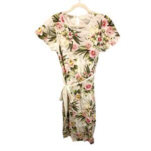 Floral Roses Peony Linen Marina Gigli Midi Summer Belted Beach Summer Dress XS